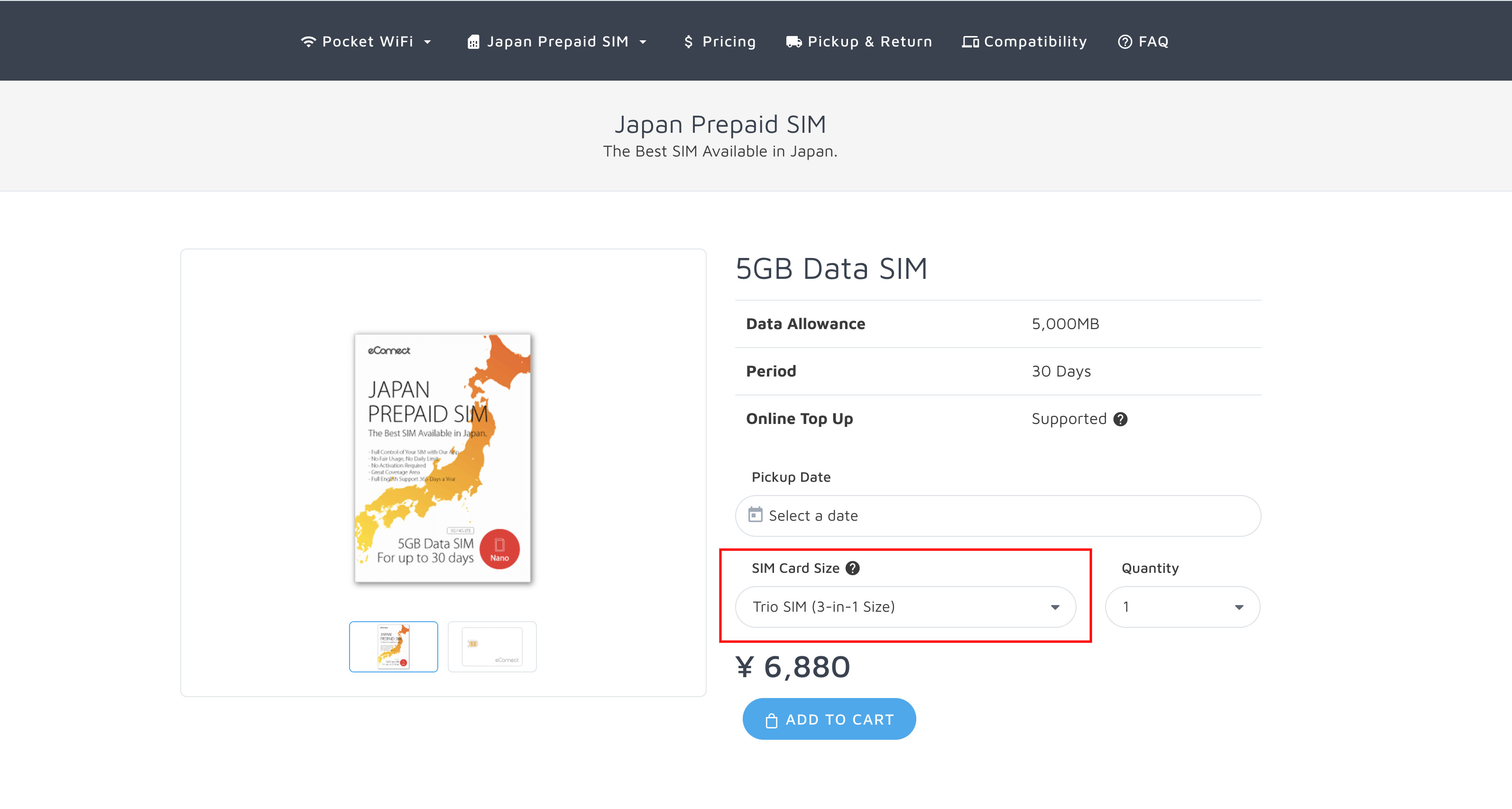SIM Card Size Option eConnect Japan Website