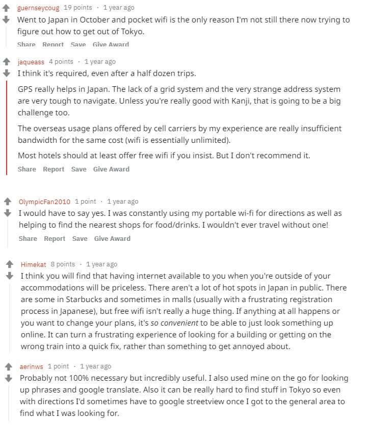 Comments about Pocket WiFi rental on Reddit