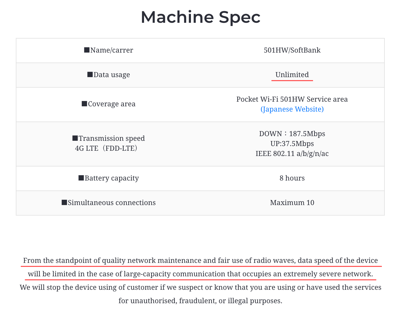 Pocket WiFi Fair Usage Policy statement example 1