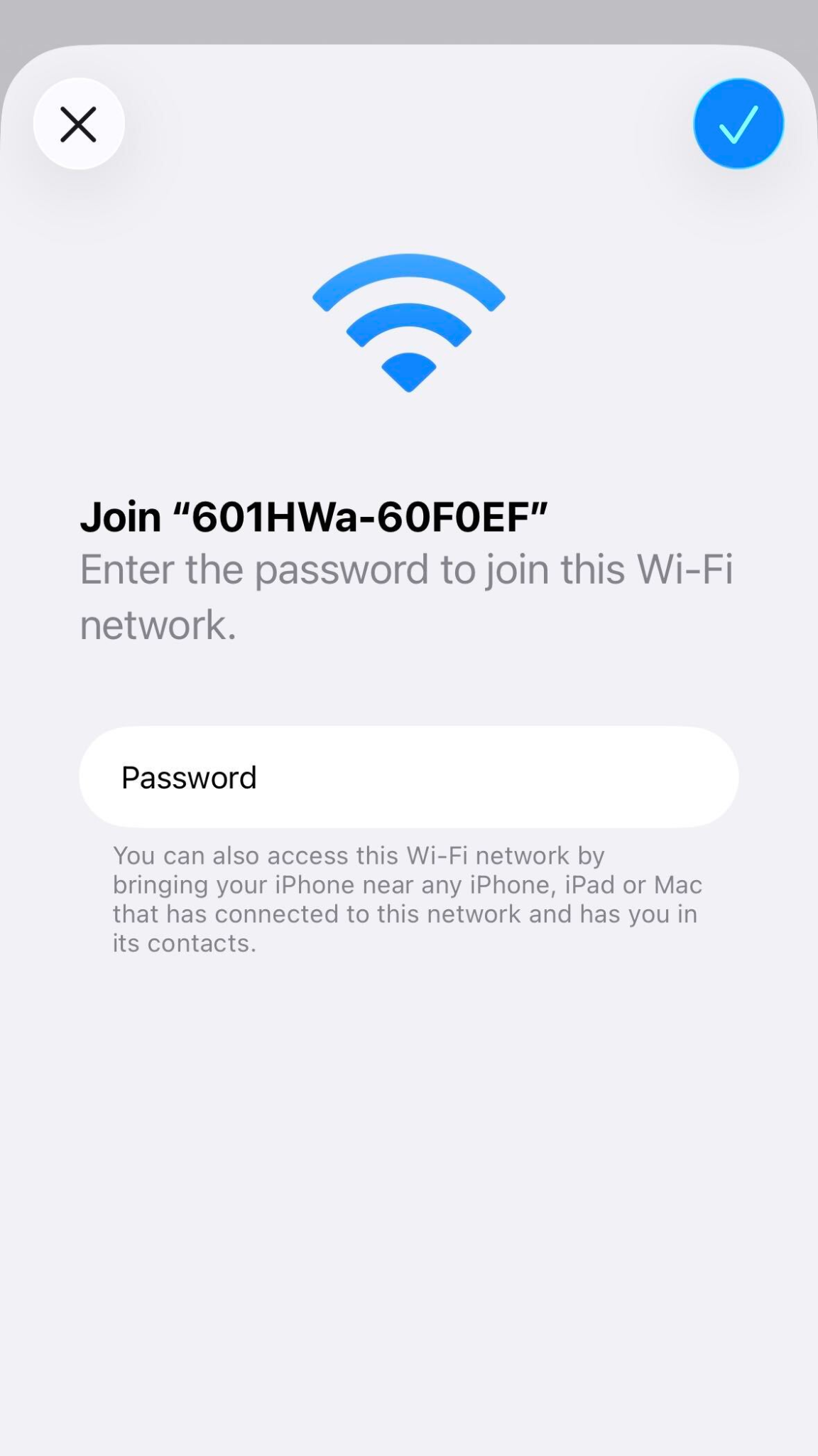 Entering the Pocket WiFi password on an iPhone
