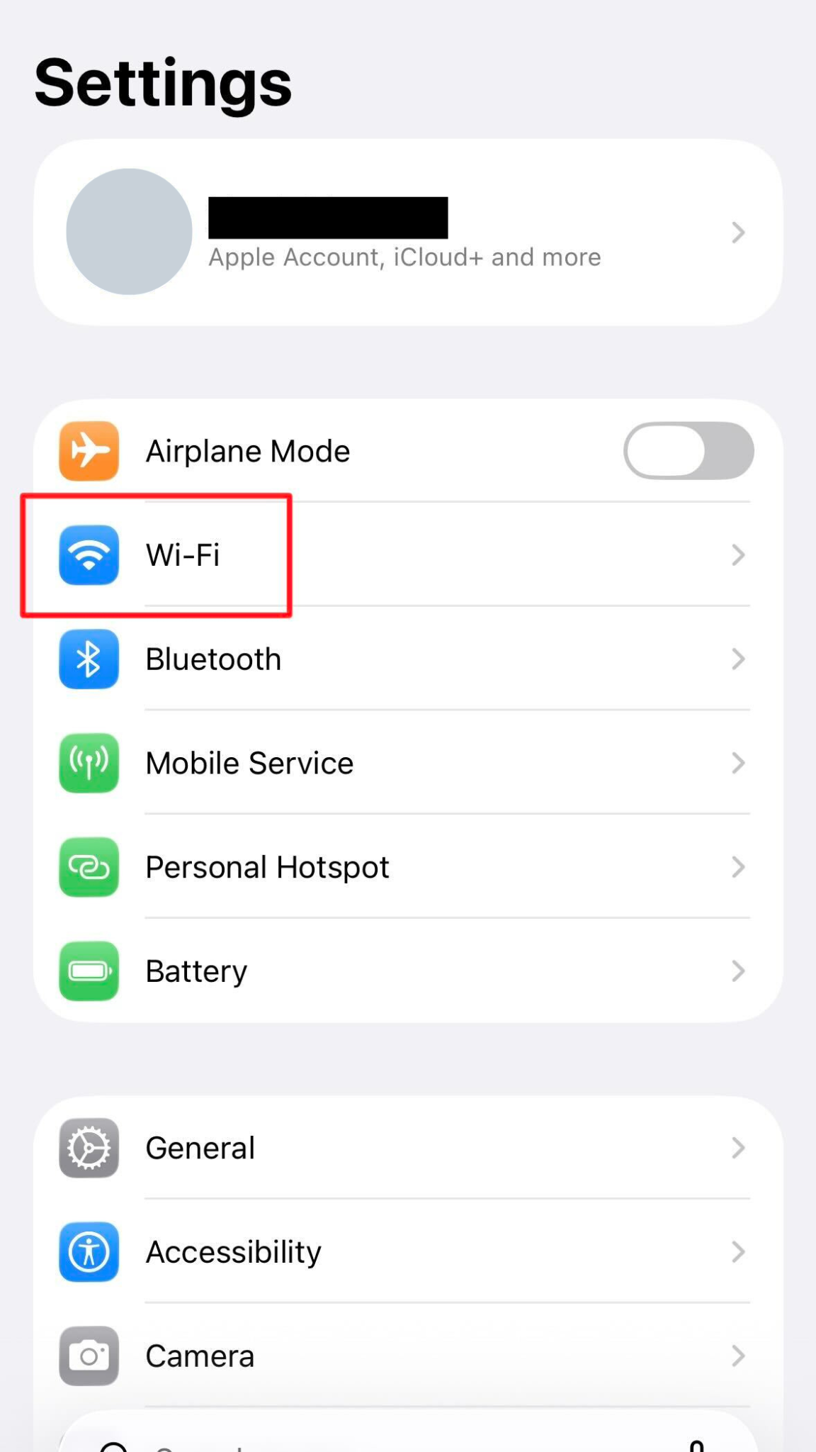 WiFi settings screen on an iPhone